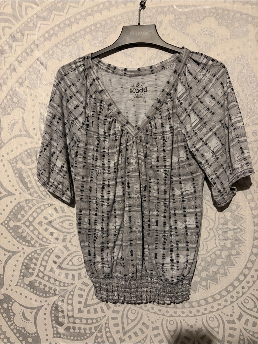 Mudd Gray Space Dye Smocked Waist Top Short Sleeve Blouse XL